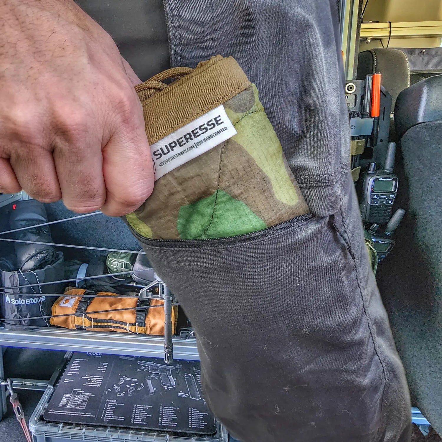 Woobie Hank: Insulated with USGI poncho-liner, serves as a large rag, knee pad, and adventure companion tool. Superesse Straps LLC