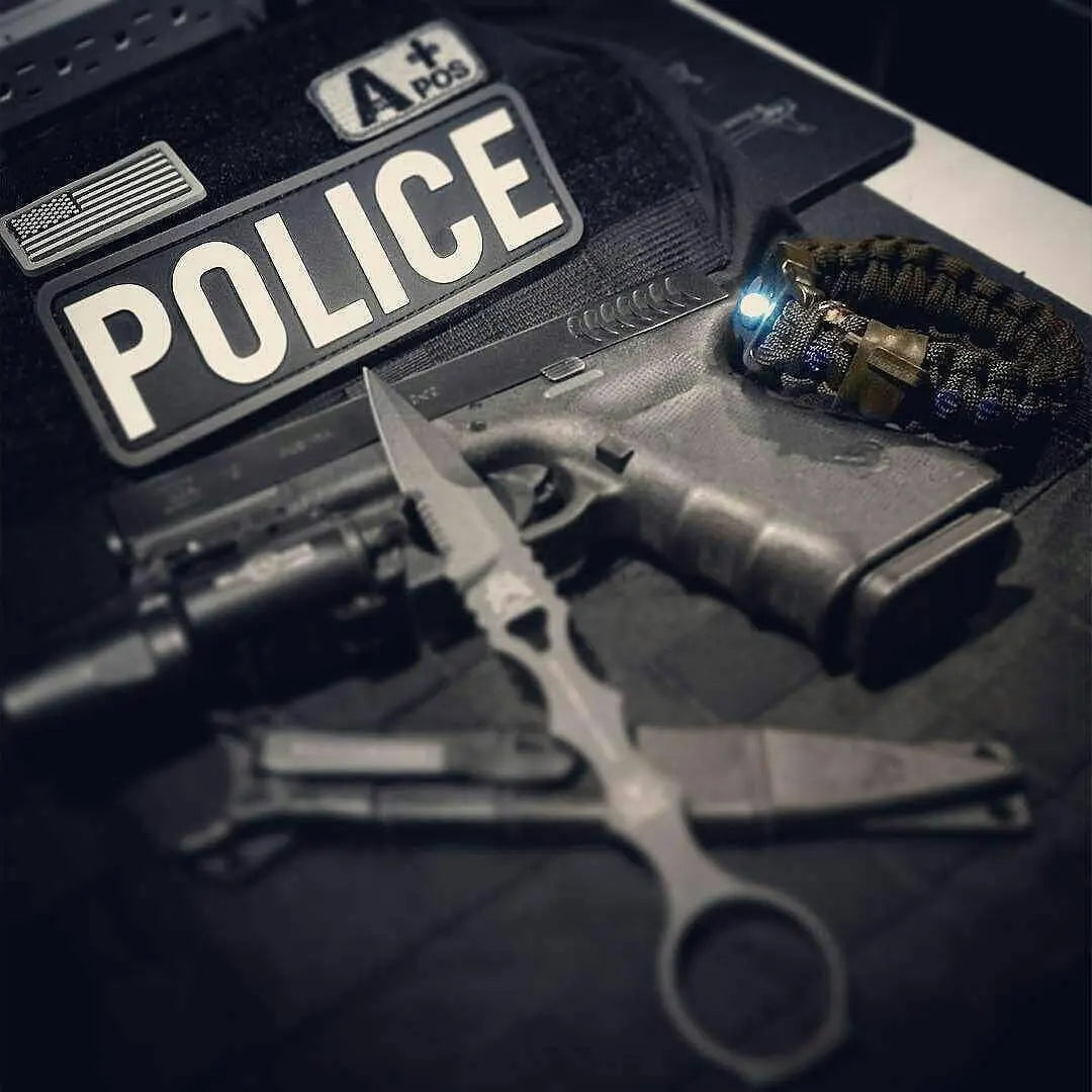 First Responder Strap - Police LEO backup duty gear w/ light, cuff key, seatbelt cutter, compass. Superesse Straps LLC