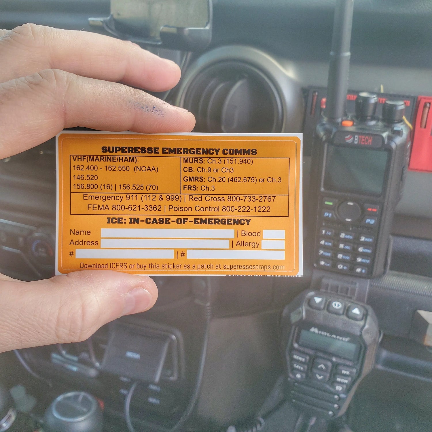 Emergency Comms & ICE Decal - Radio Frequency/Channel and Telephone Contact Numbers, ICE Card Superesse Straps LLC