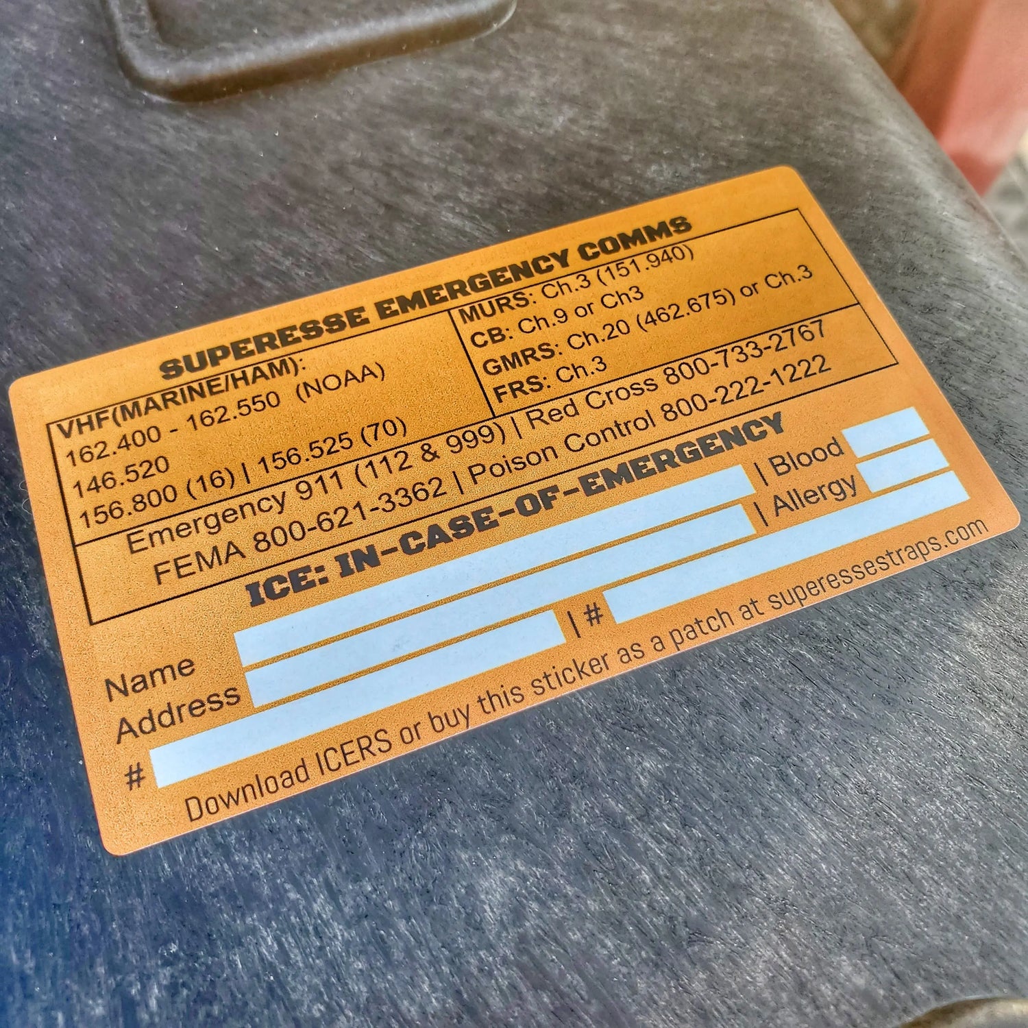 Emergency Comms & ICE Decal - Radio Frequency/Channel and Telephone Contact Numbers, ICE Card Superesse Straps LLC
