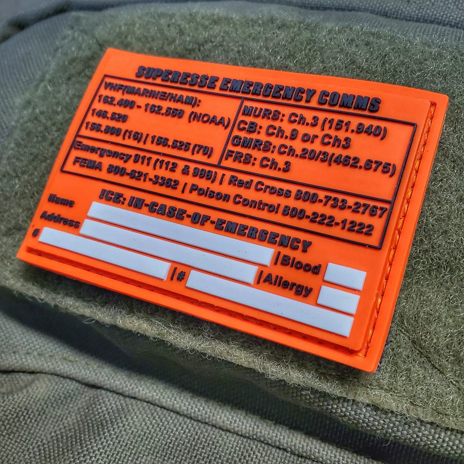 Storage Pocket Patch: Emergency Comms with Radio Frequency/Channel and Telephone Contact Numbers, ICE Card Superesse Straps LLC