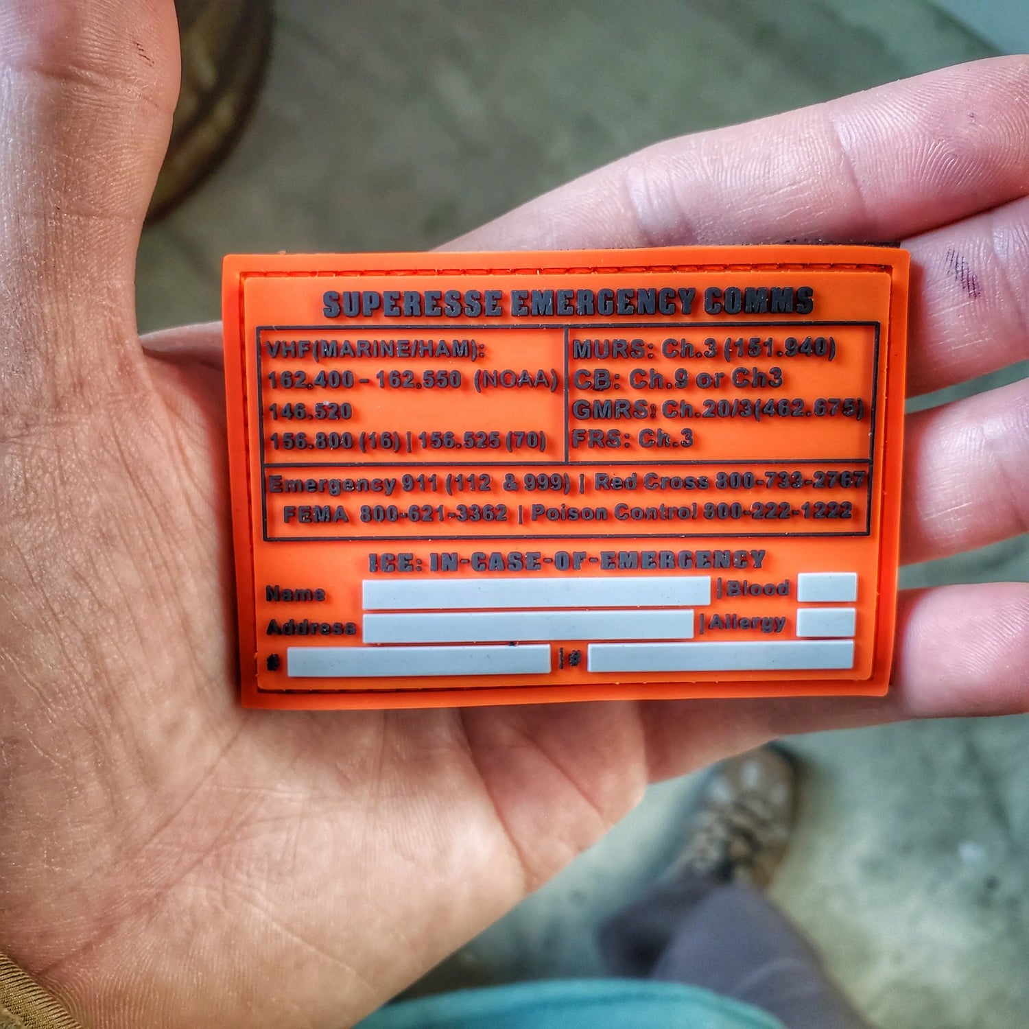 Storage Pocket Patch: Emergency Comms with Radio Frequency/Channel and Telephone Contact Numbers, ICE Card Superesse Straps LLC