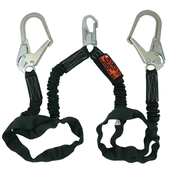 Bashlin - Twin leg tubular nylon climbing lanyard with steel snap hook, two large steel ladder snaphooks and shock absorbing core Bashlin