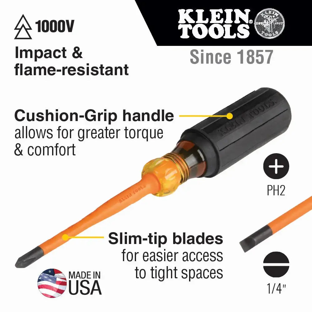 Slim-Tip Insulated Screwdriver, 1/4-Inch Cabinet, 4-Inch Round Shank Klein Tools