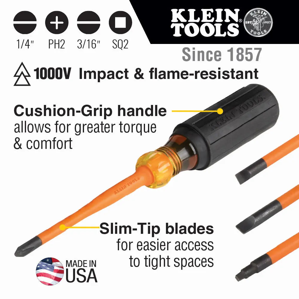 Screwdriver Set, Slim-Tip Insulated Phillips, Cabinet, Square, 4-Piece Klein Tools
