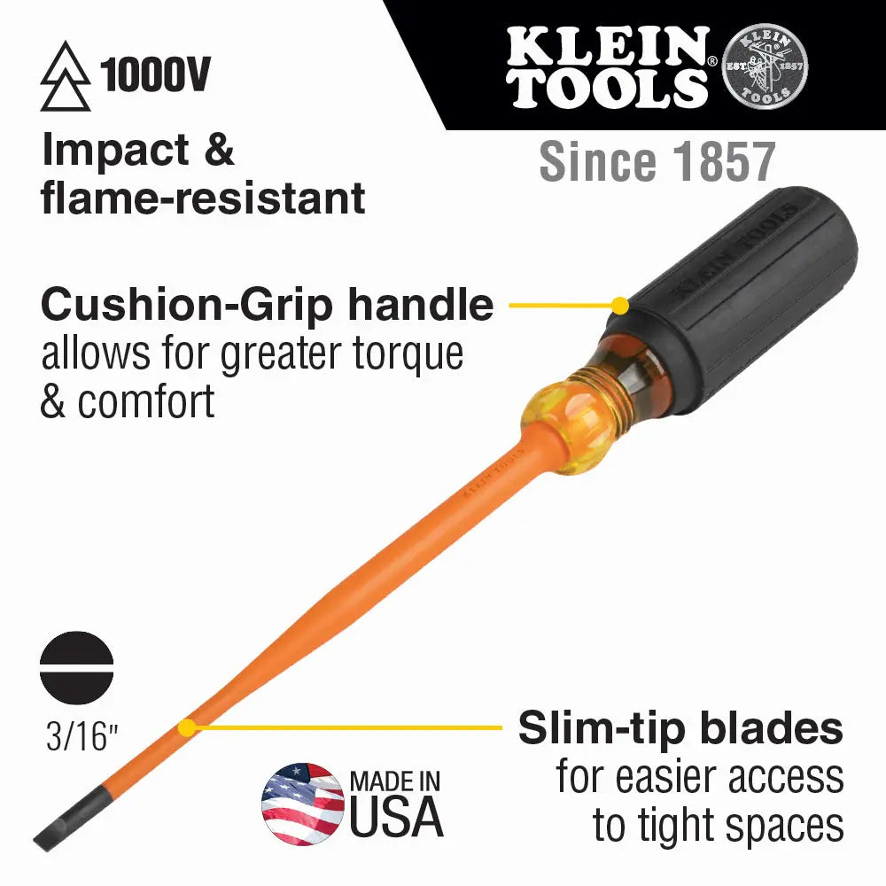 Slim-Tip Insulated Screwdriver, 3/16-Inch Cabinet, 6-Inch Round Shank Klein Tools