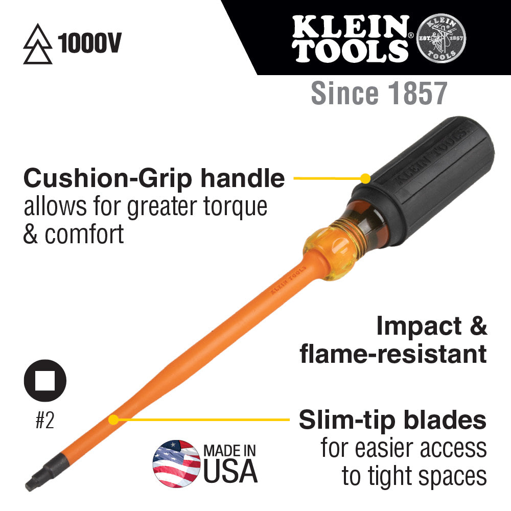 Slim-Tip 1000V Insulated Screwdriver, #2 Square, 6-Inch Round Shank