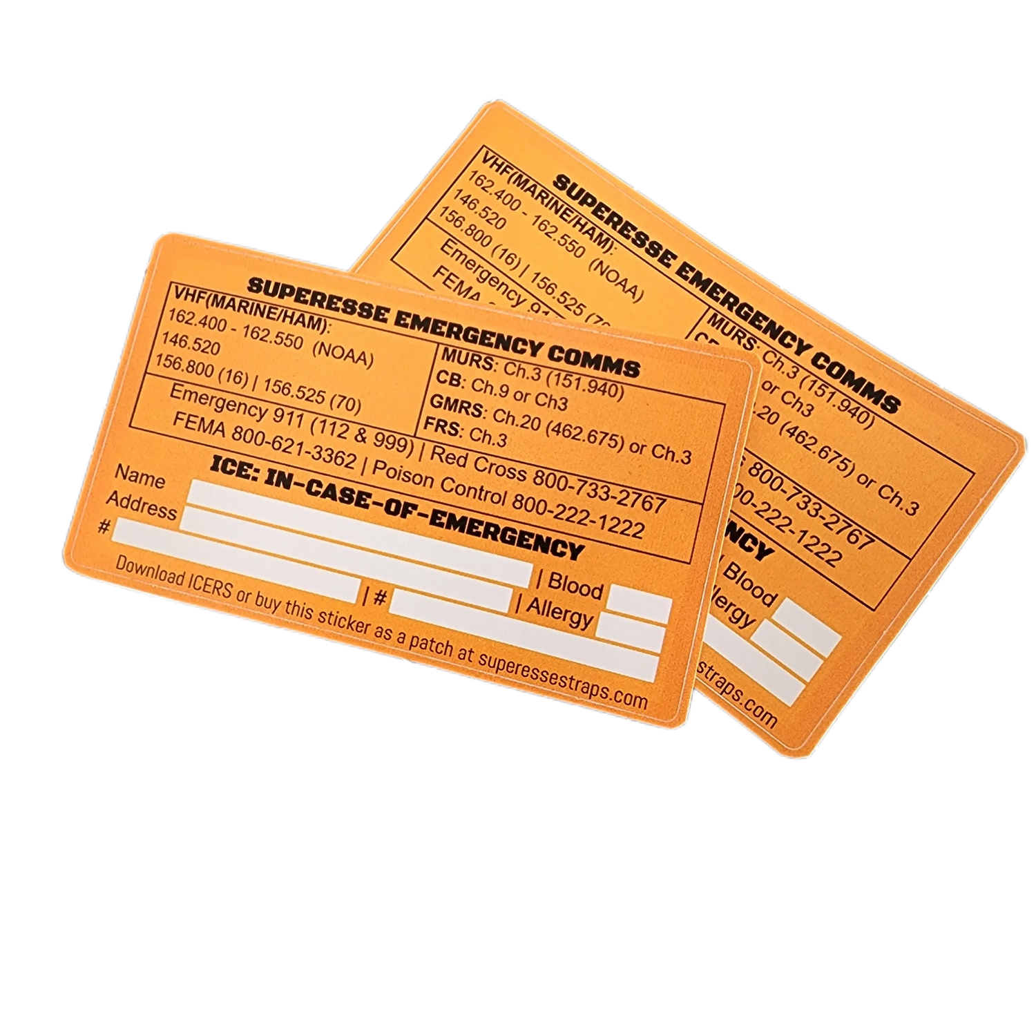 Emergency Comms & ICE Decal - Radio Frequency/Channel and Telephone Contact Numbers, ICE Card Superesse Straps LLC