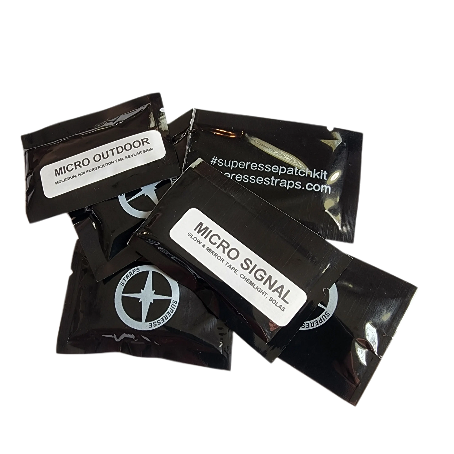 Micro Patch Kits: Single packet survival supply kits for Pocket Patches. Superesse Straps LLC