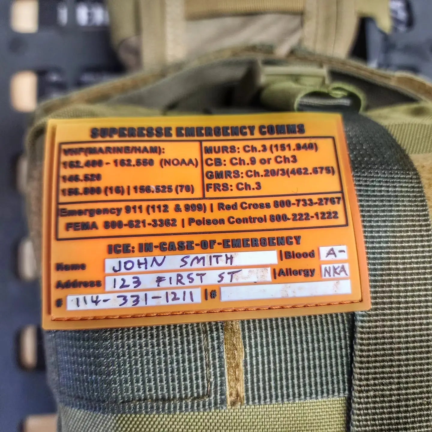 Storage Pocket Patch: Emergency Comms with Radio Frequency/Channel and Telephone Contact Numbers, ICE Card Superesse Straps LLC