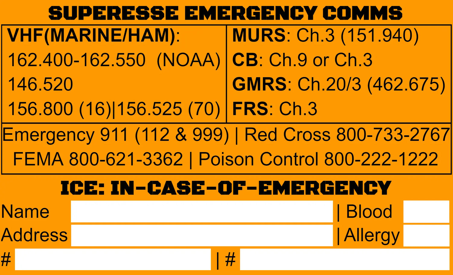 Storage Pocket Patch: Emergency Comms with Radio Frequency/Channel and Telephone Contact Numbers, ICE Card Superesse Straps LLC