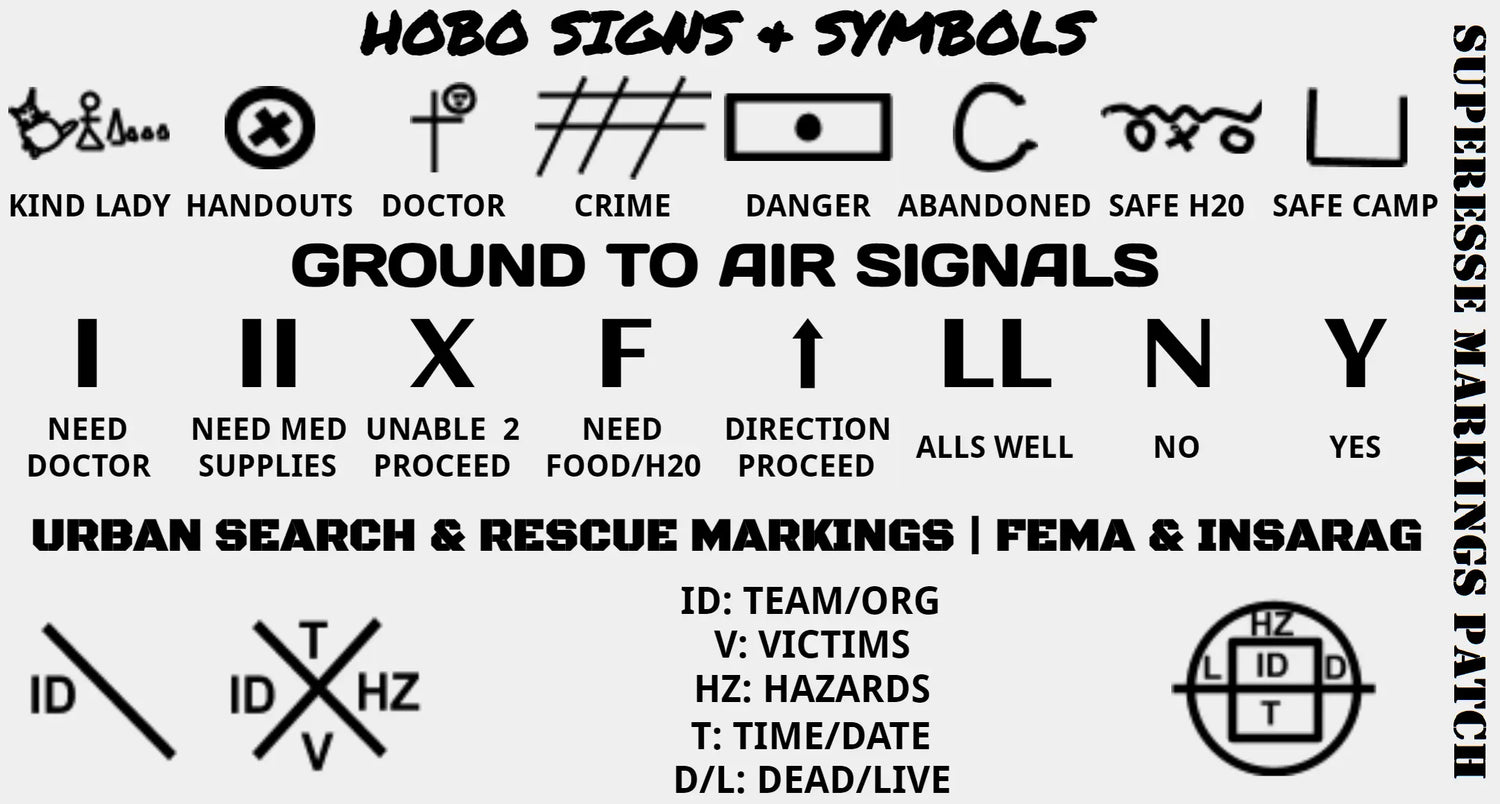 Storage Pocket Patch: Hobo Symbols, Ground to Air Signals, Search and Rescue Markings Superesse Straps LLC