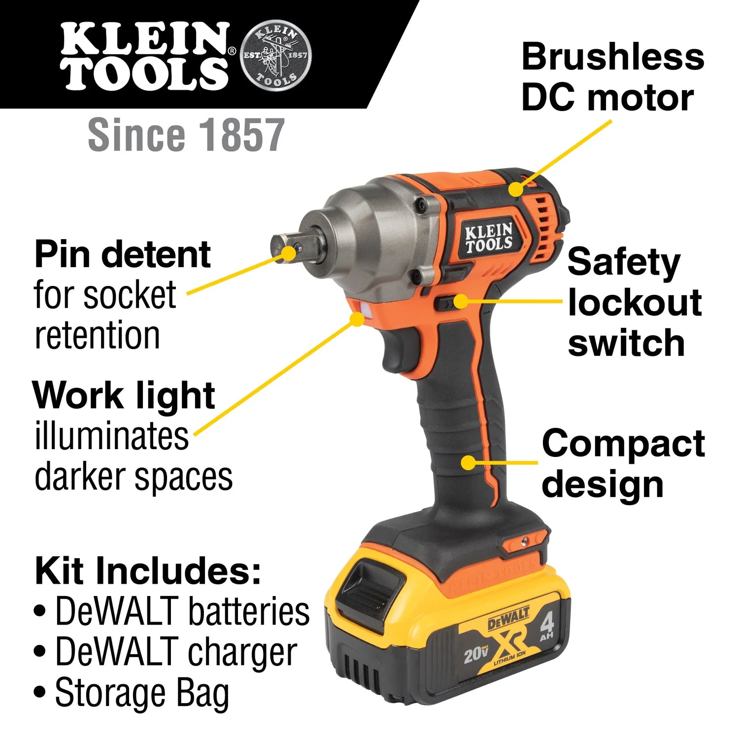 Battery-Operated Compact Impact Wrench, 1/2-Inch Detent Pin, Full Kit Klein Tools