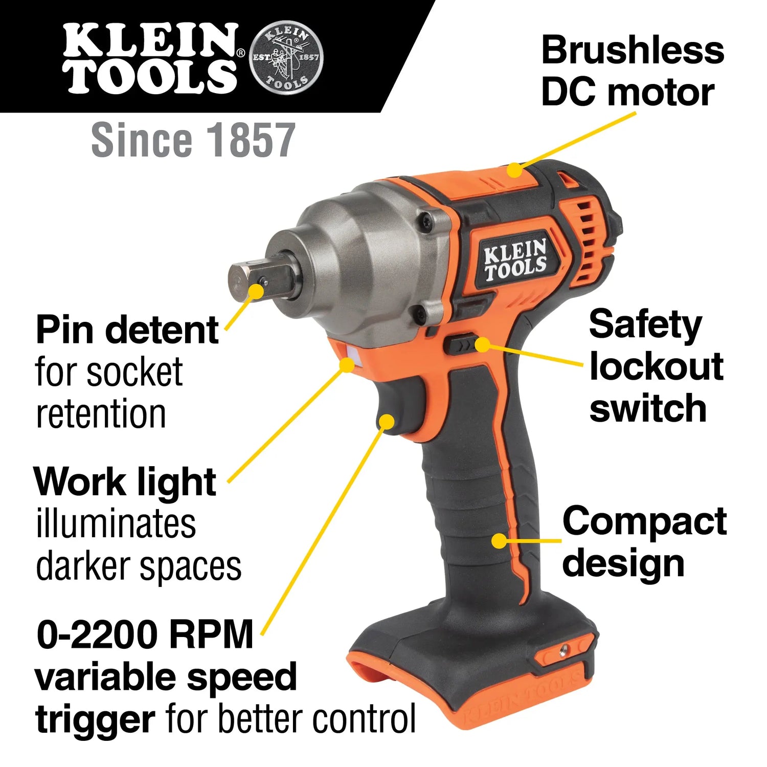 Battery-Operated Compact Impact Wrench, 1/2-Inch Detent Pin, Tool Only Klein Tools