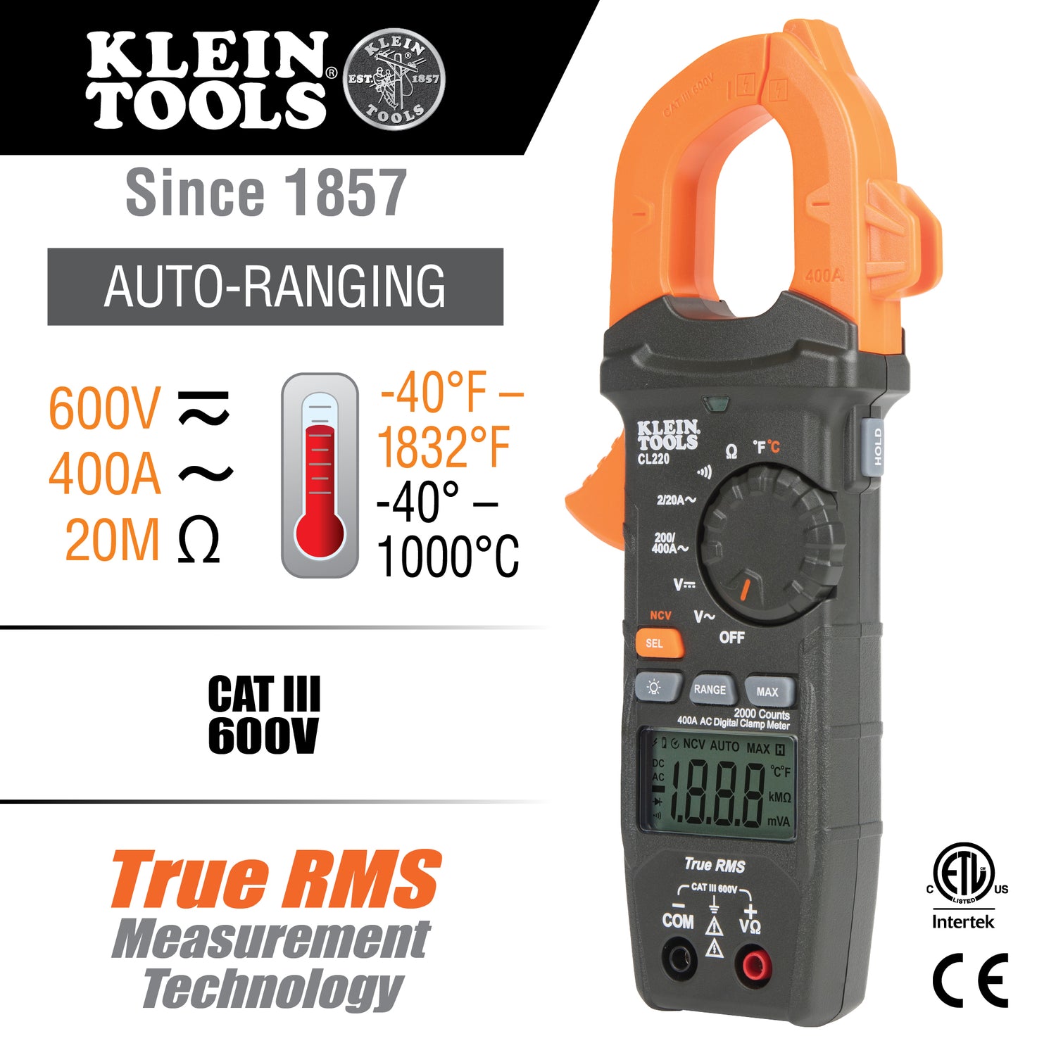 Klein Digital Clamp Meter, AC Auto-Ranging 400 Amp with Temp