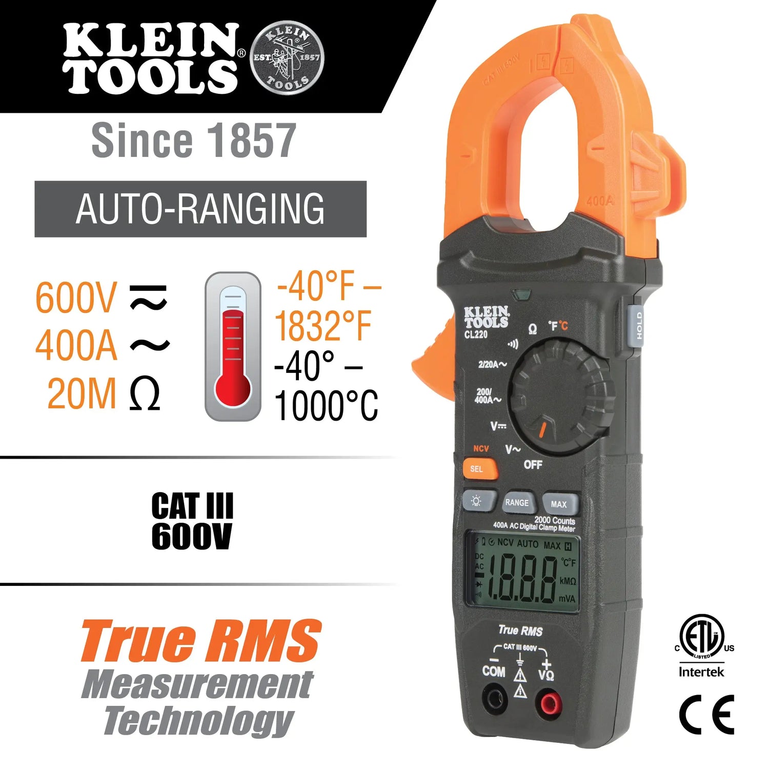 Klein Digital Clamp Meter, AC Auto-Ranging 400 Amp with Temp Klein Tools