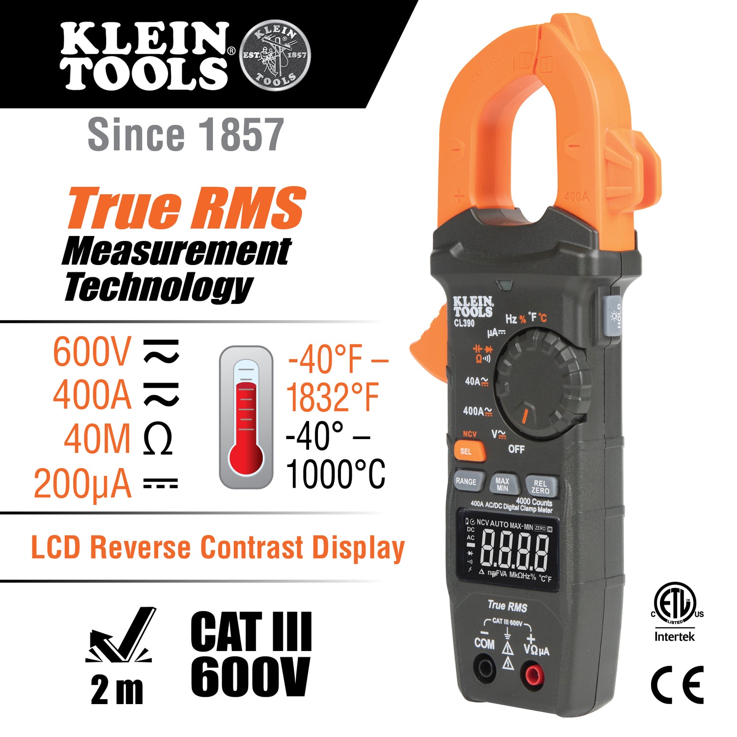 Klein AC/DC Digital Clamp Meter, Auto-Ranging 400 Amp