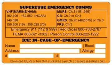Emergency Comms & ICE Decal - Radio Frequency/Channel and Telephone Contact Numbers, ICE Card Superesse Straps LLC