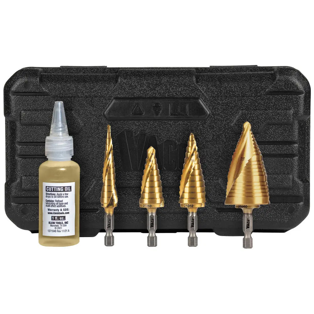 Klein Step Bit Kit, Spiral Double-Fluted, VACO, 4-Piece Klein Tools