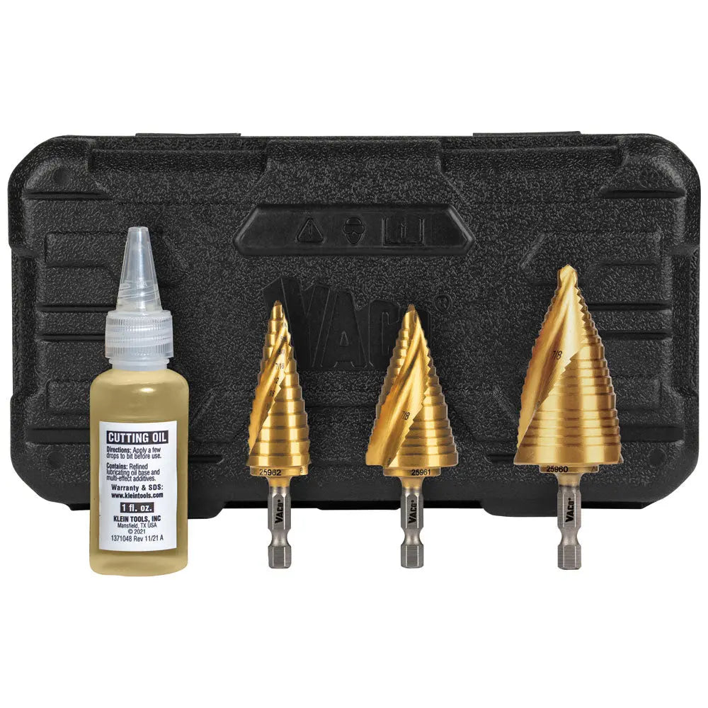 Klein Step Bit Kit, Spiral Double-Fluted, VACO, 3-Piece Klein Tools