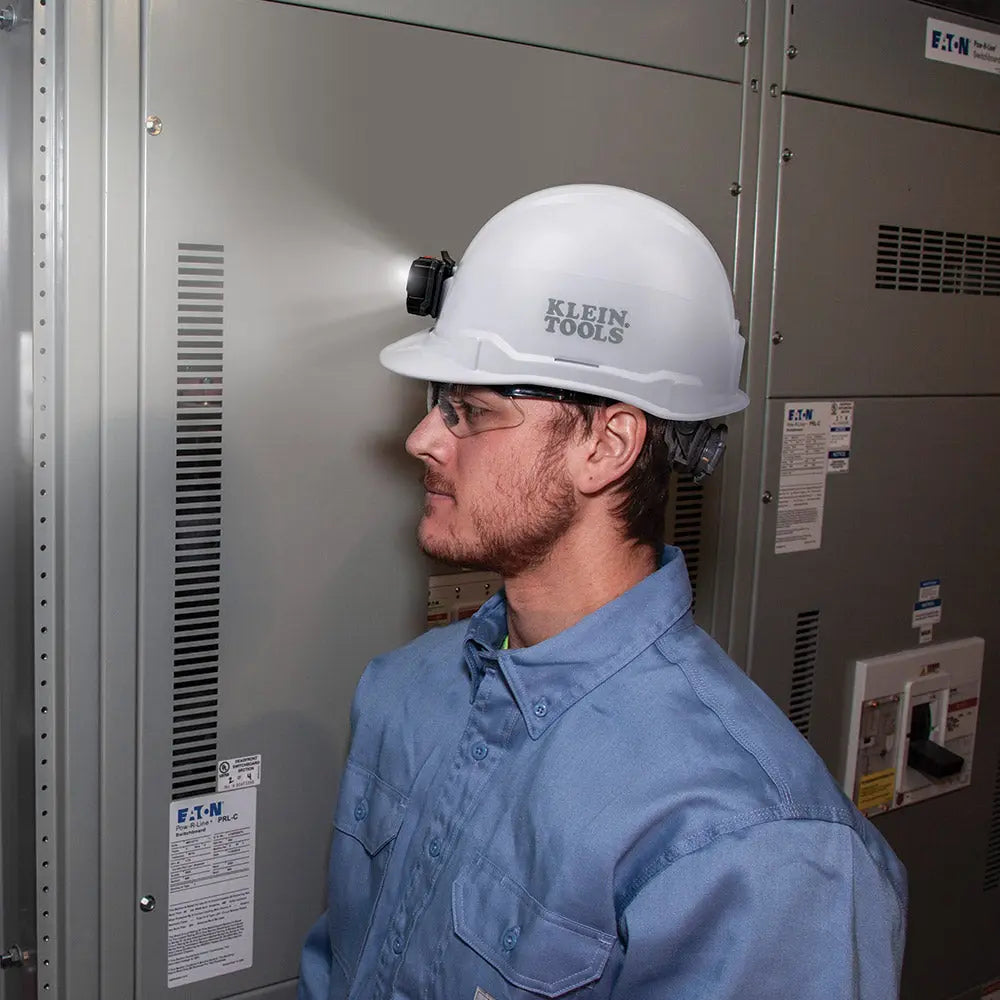 Klein Hard Hat, Non-Vented, Cap Style with Rechargeable Headlamp, White Klein Tools