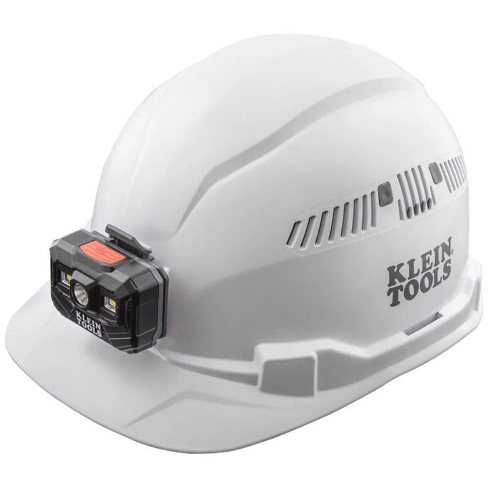 Klein Hard Hat, Vented, Cap Style with Rechargeable Headlamp, White Klein Tools