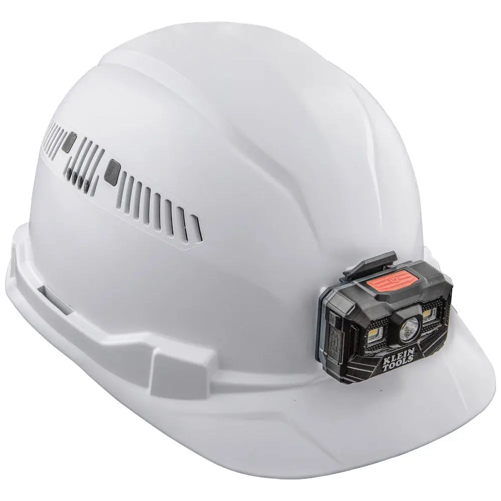 Klein Hard Hat, Vented, Cap Style with Rechargeable Headlamp, White Klein Tools