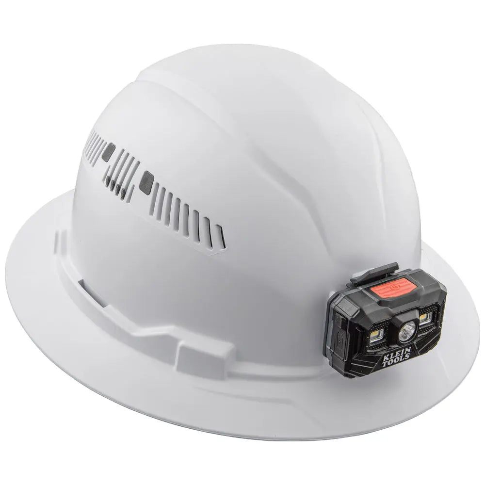 Klein Hard Hat, Vented, Full Brim with Rechargeable Headlamp, White Klein Tools
