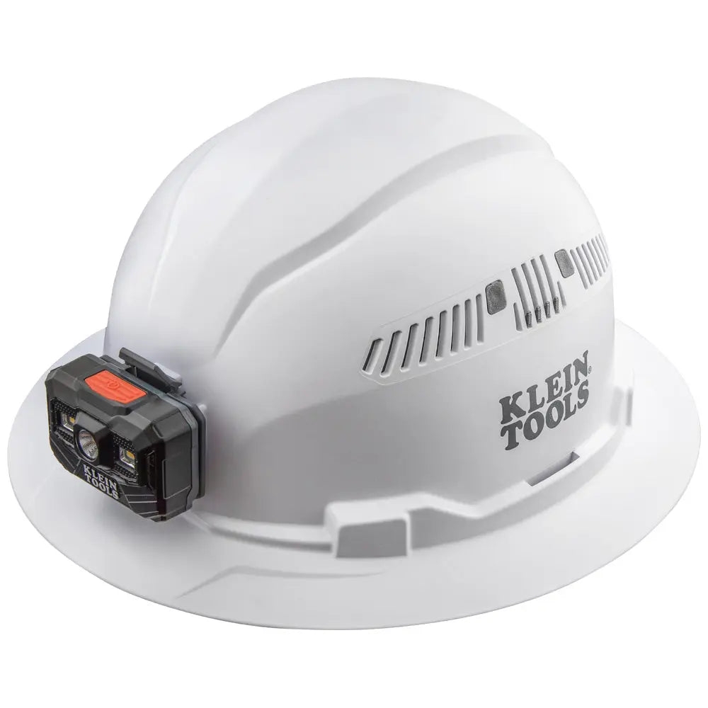 Klein Hard Hat, Vented, Full Brim with Rechargeable Headlamp, White Klein Tools