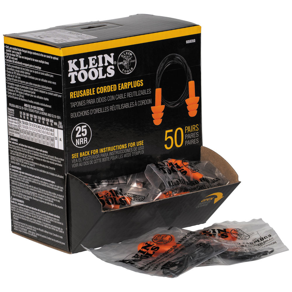 Klein Corded Earplugs, 50-Pair Dispenser Pack