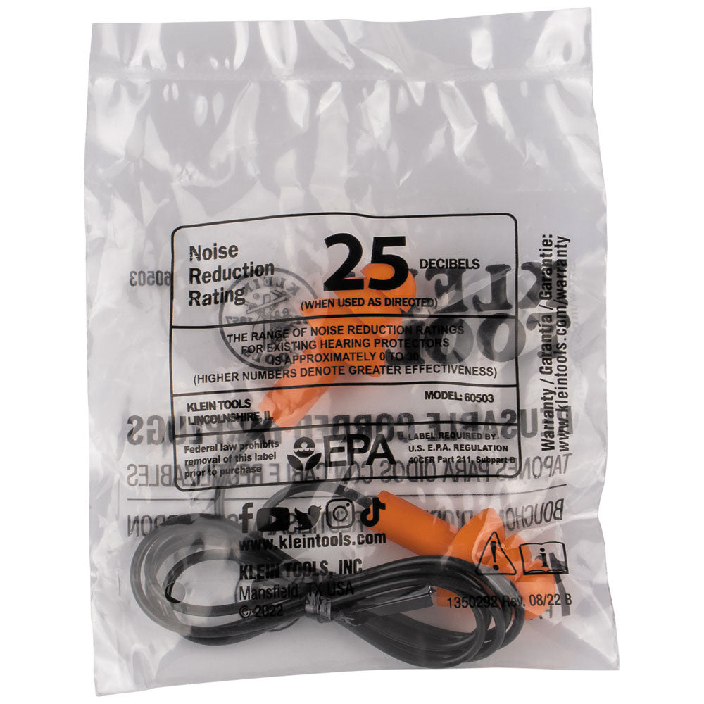 Klein Corded Earplugs, 50-Pair Dispenser Pack