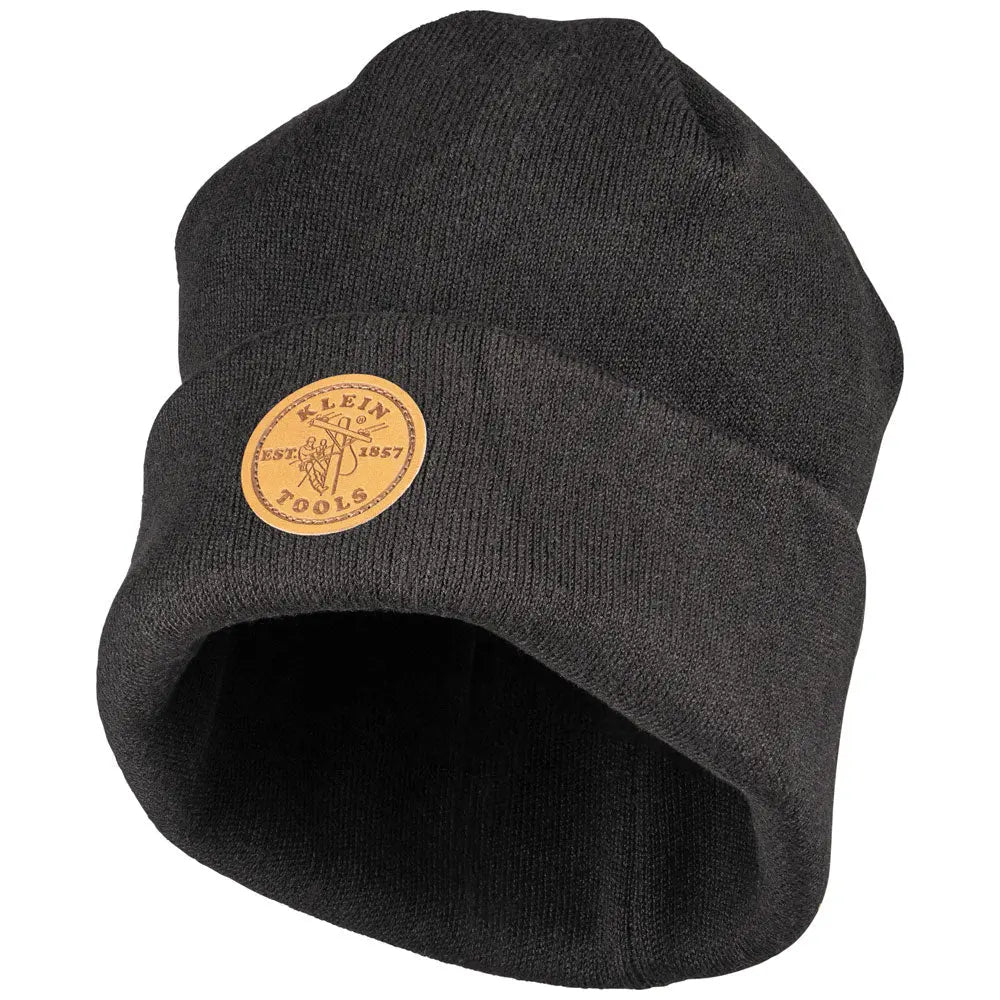 Klein Heavy Knit Hat, Black, Leather Logo Klein Tools