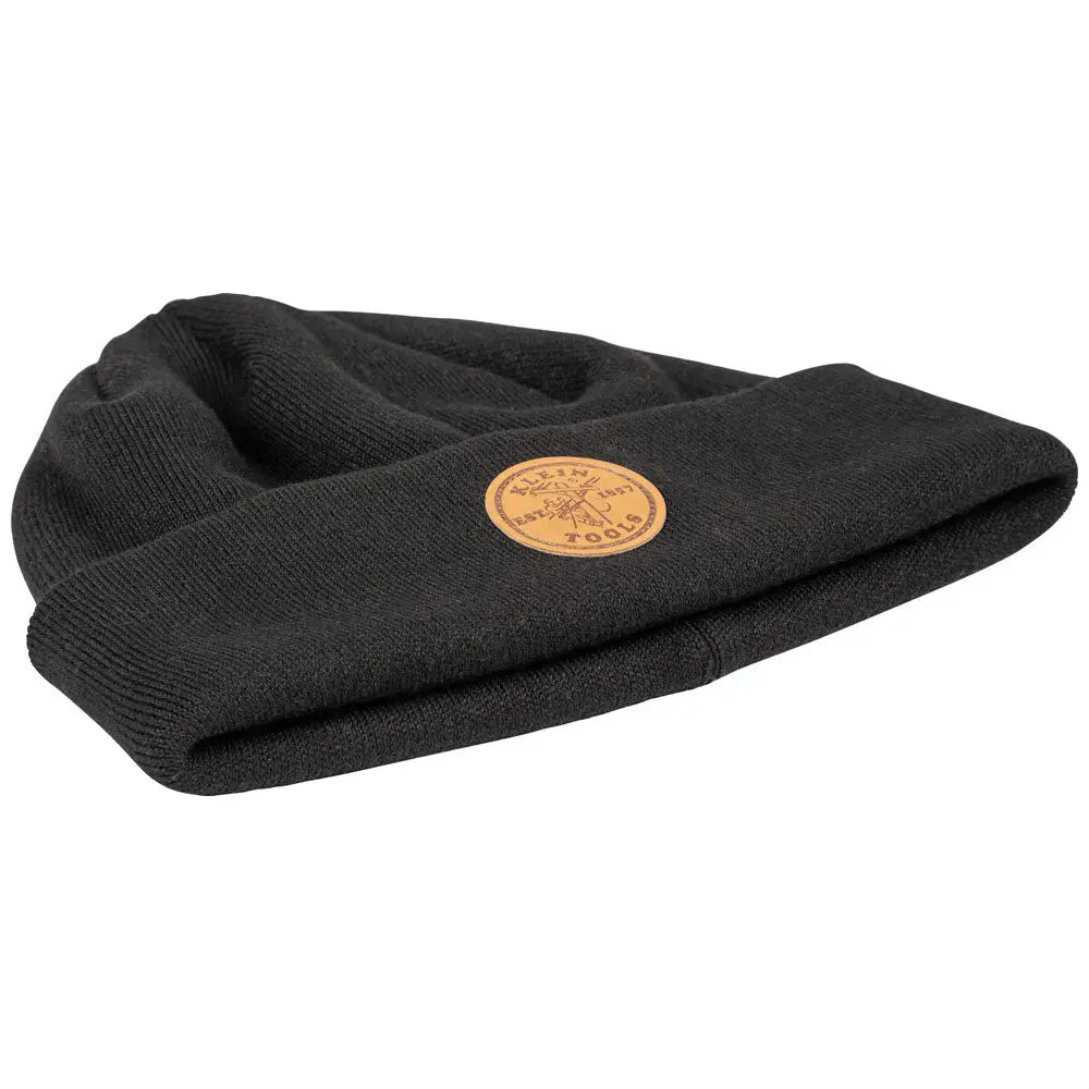Klein Heavy Knit Hat, Black, Leather Logo Klein Tools