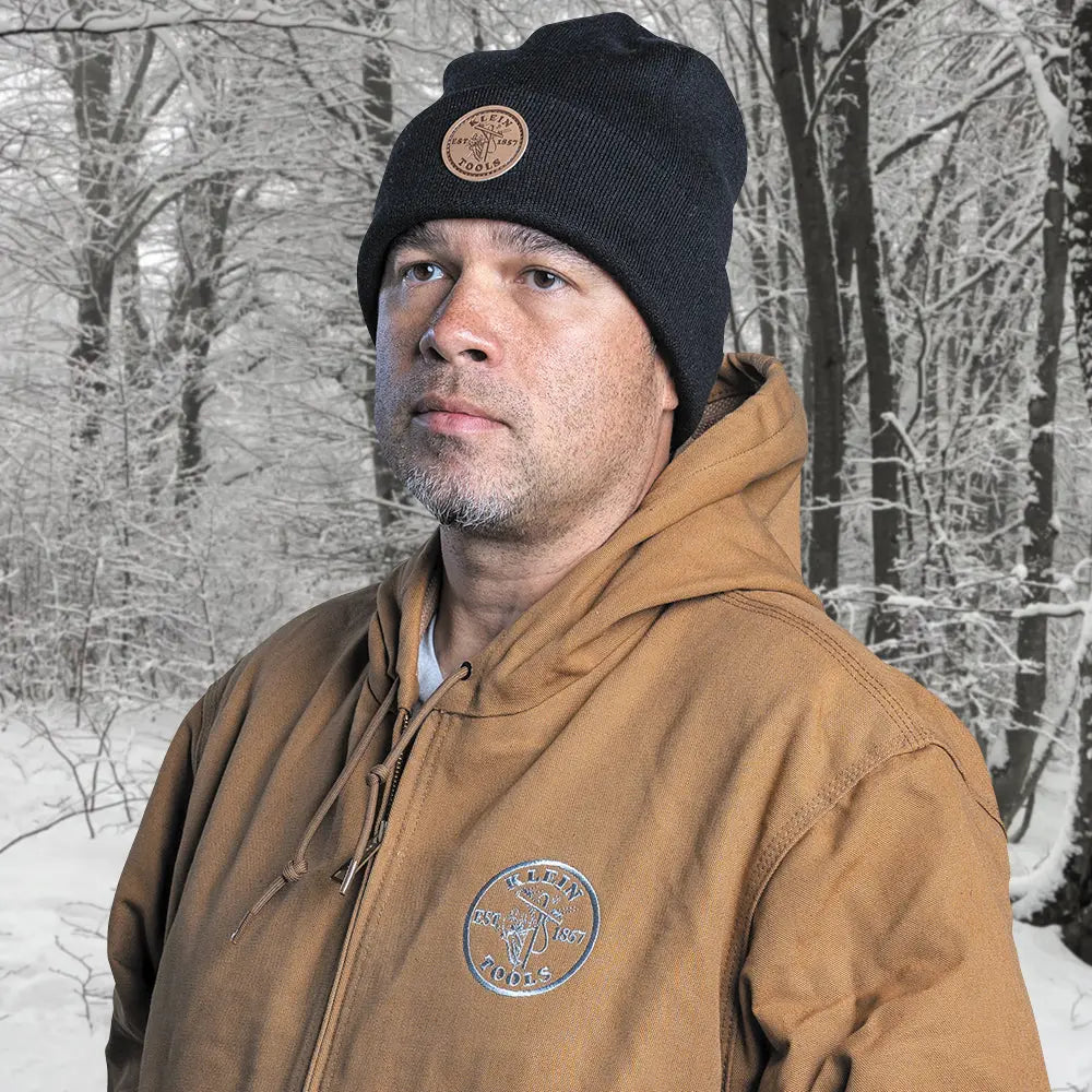 Klein Heavy Knit Hat, Black, Leather Logo Klein Tools