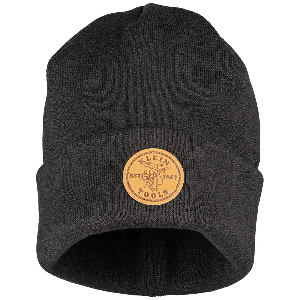 Klein Heavy Knit Hat, Black, Leather Logo Klein Tools