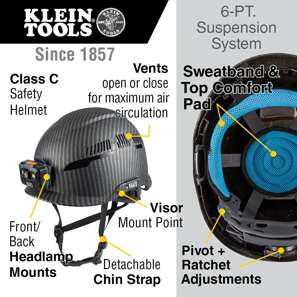Klein Safety Helmet, Premium KARBN™ Pattern, Vented, Class C, Headlamp Klein Tools