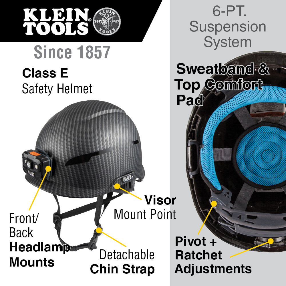 Klein Safety Helmet, Premium KARBN™ Pattern, Non-Vented, Class E, Headlamp