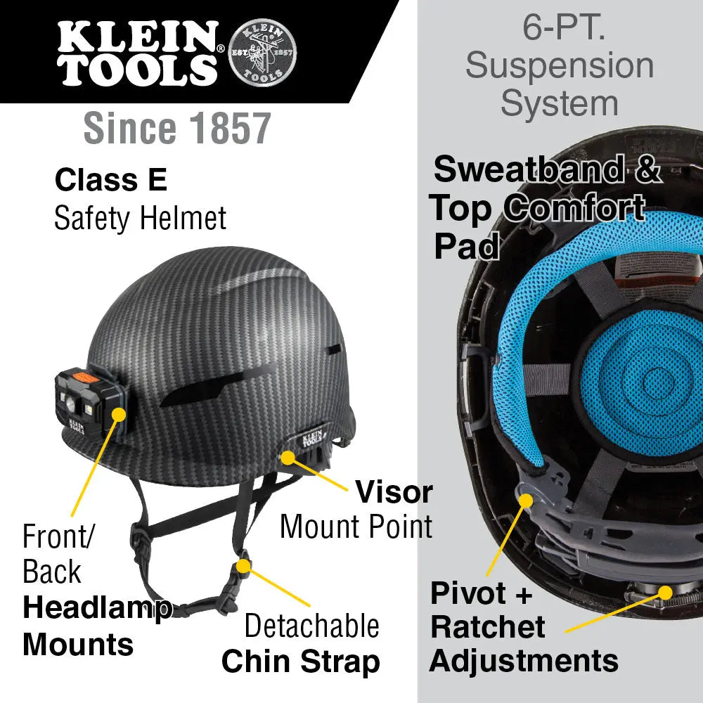 Klein Safety Helmet, Premium KARBN™ Pattern, Non-Vented, Class E, Headlamp Klein Tools