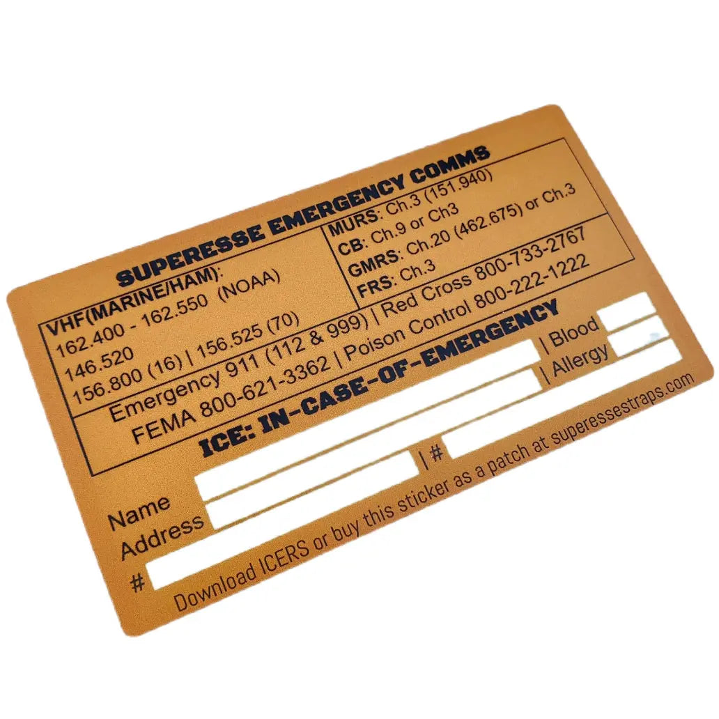 Emergency Comms & ICE Decal - Radio  Frequency/Channel and Telephone Contact Numbers, ICE Card Superesse Straps LLC