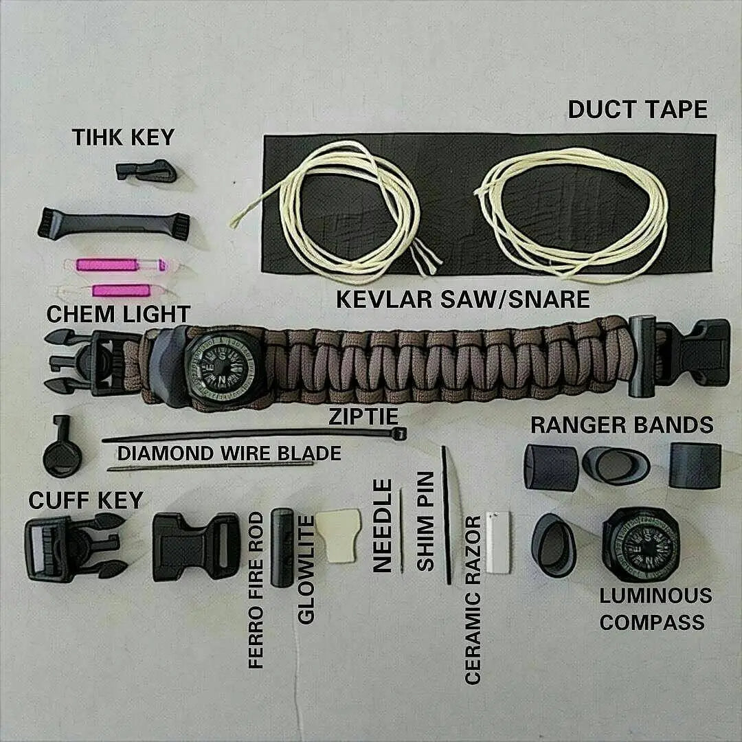 The Escape Evade Pathfinder: Military & Tactical Strap w/ SERE kit, Compass, Kevlar Saw, Cuff Key. Superesse Straps LLC