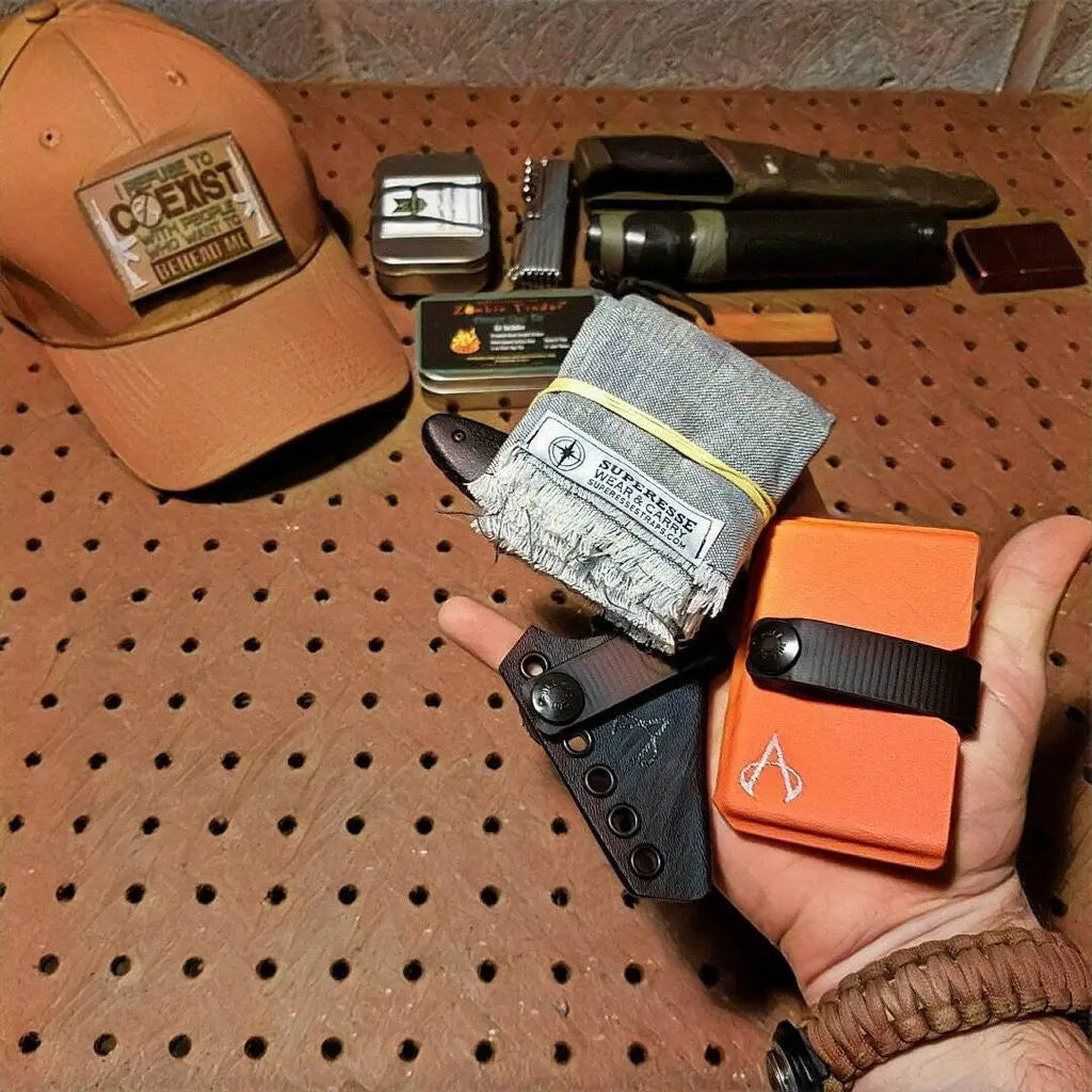 Saw Shemagh: Firestarter sewn button, built-in Kevlar Utility Saw, Fire Tinder border. Superesse Straps LLC