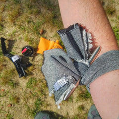 Saw Shemagh: Firestarter sewn button, built-in Kevlar Utility Saw, Fire Tinder border. Superesse Straps LLC