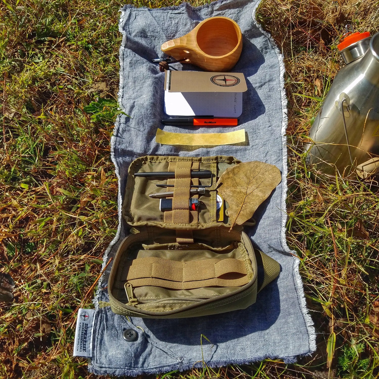 Saw Shemagh: Firestarter sewn button, built-in Kevlar Utility Saw, Fire Tinder border. Superesse Straps LLC