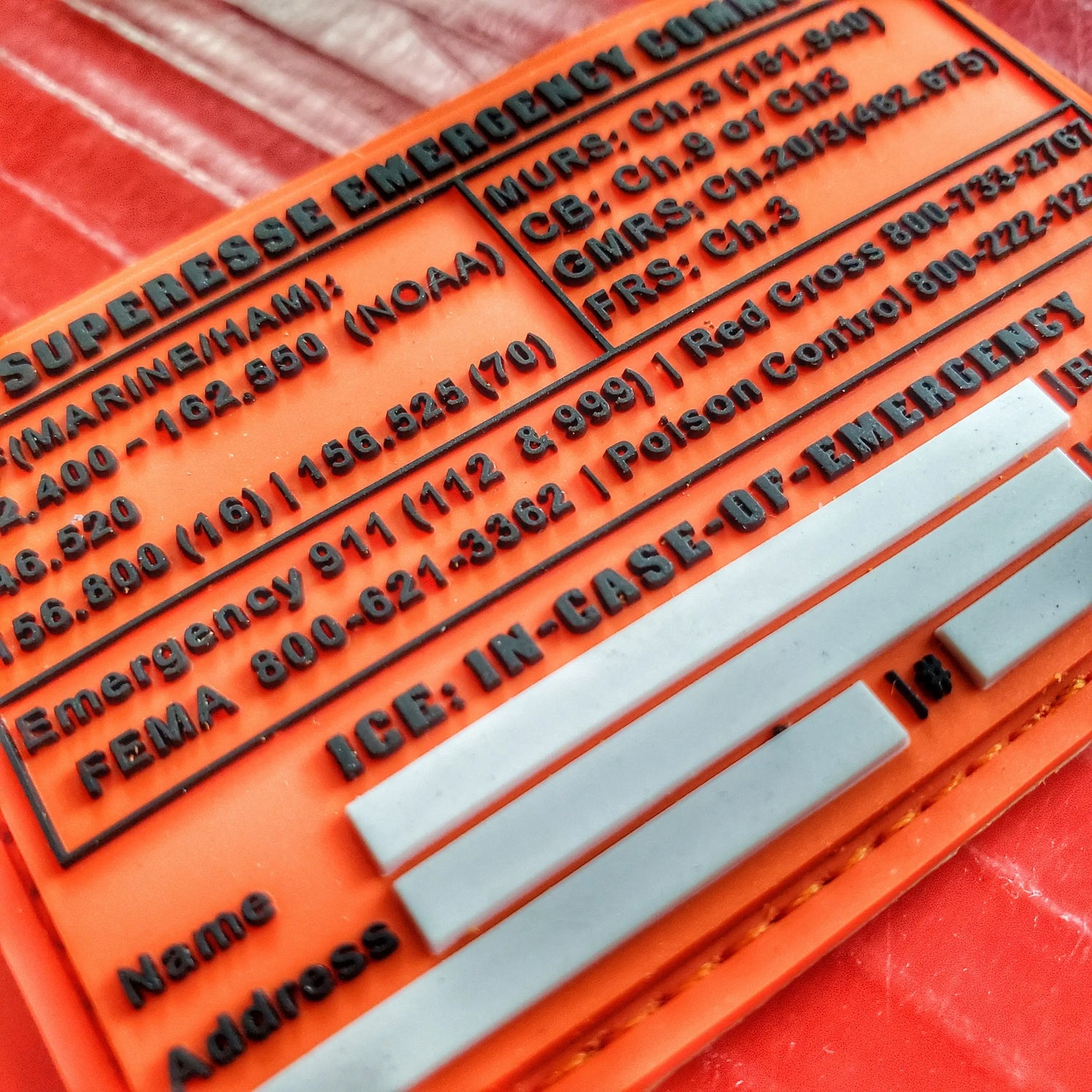 Storage Pocket Patch:  Emergency Comms with Radio Frequency/Channel and Telephone Contact Numbers, ICE Card Superesse Straps LLC