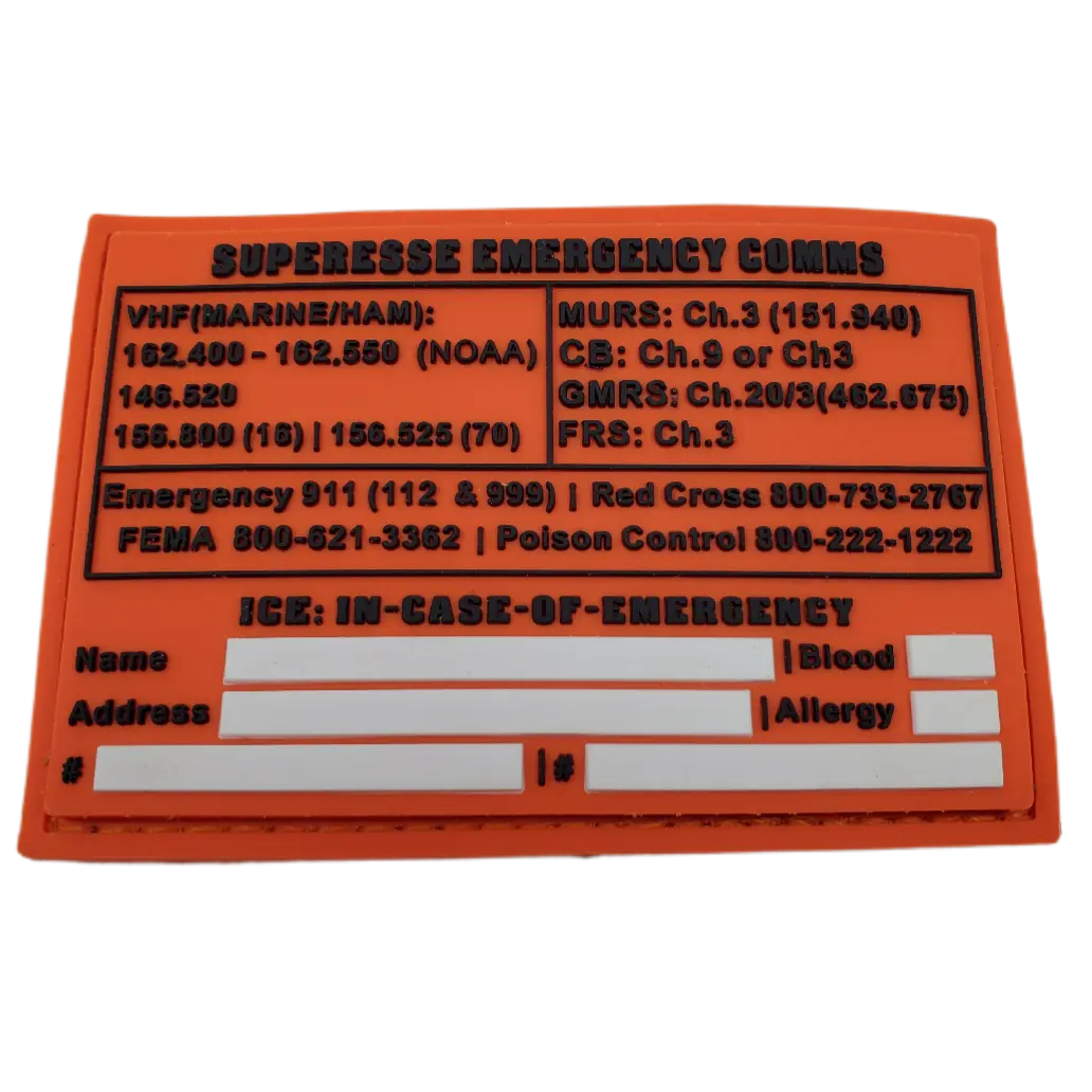 Storage Pocket Patch:  Emergency Comms with Radio Frequency/Channel and Telephone Contact Numbers, ICE Card Superesse Straps LLC