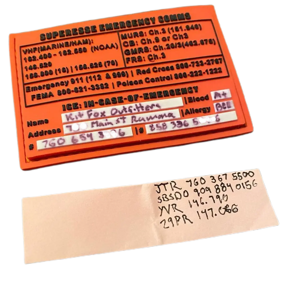 Storage Pocket Patch:  Emergency Comms with Radio Frequency/Channel and Telephone Contact Numbers, ICE Card Superesse Straps LLC