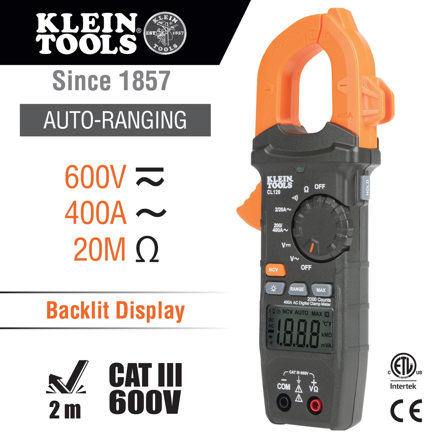 Klein Digital Clamp Meter, AC Auto-Ranging 400 Amp