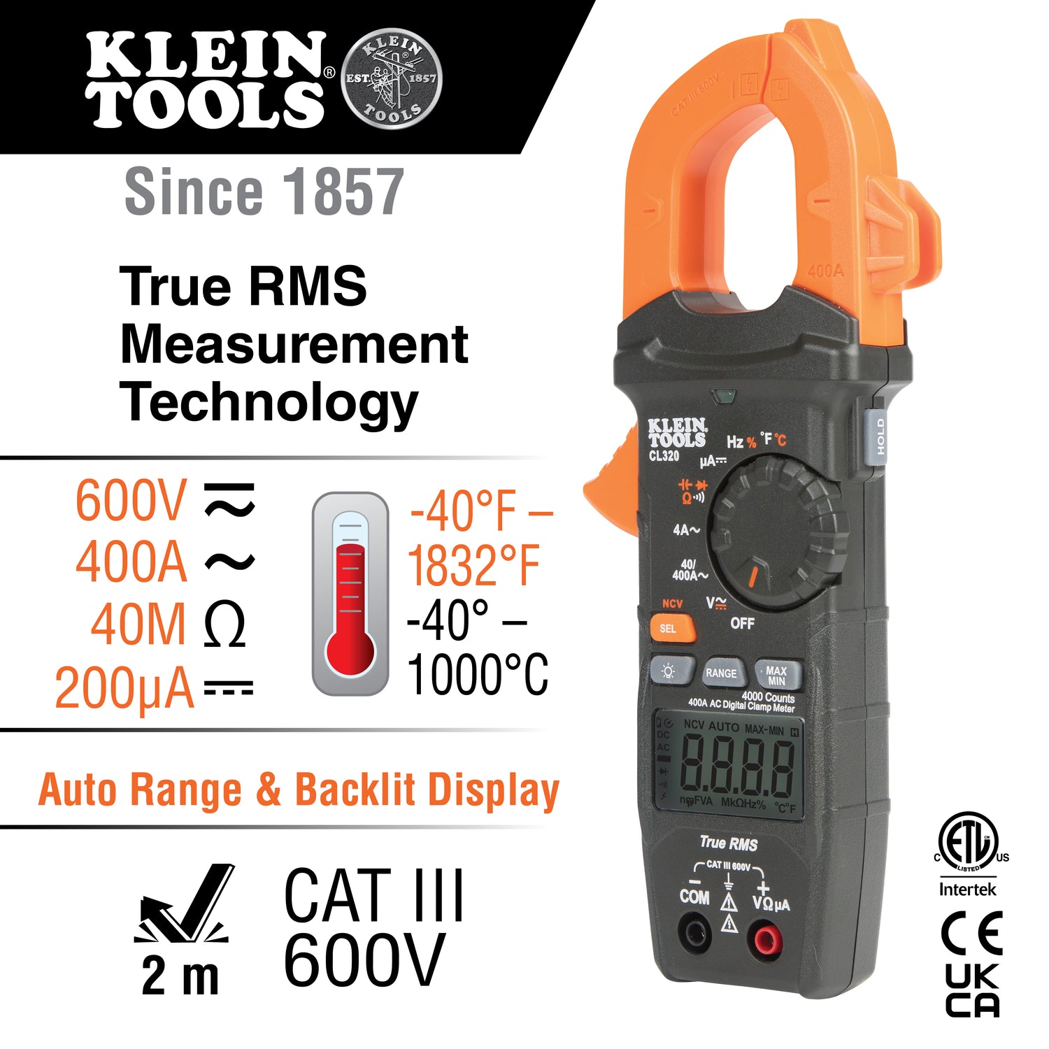 Klein HVAC Digital Clamp Meter, AC Auto-Ranging 400 Amp