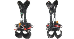Two black climbing harnesses on a white background