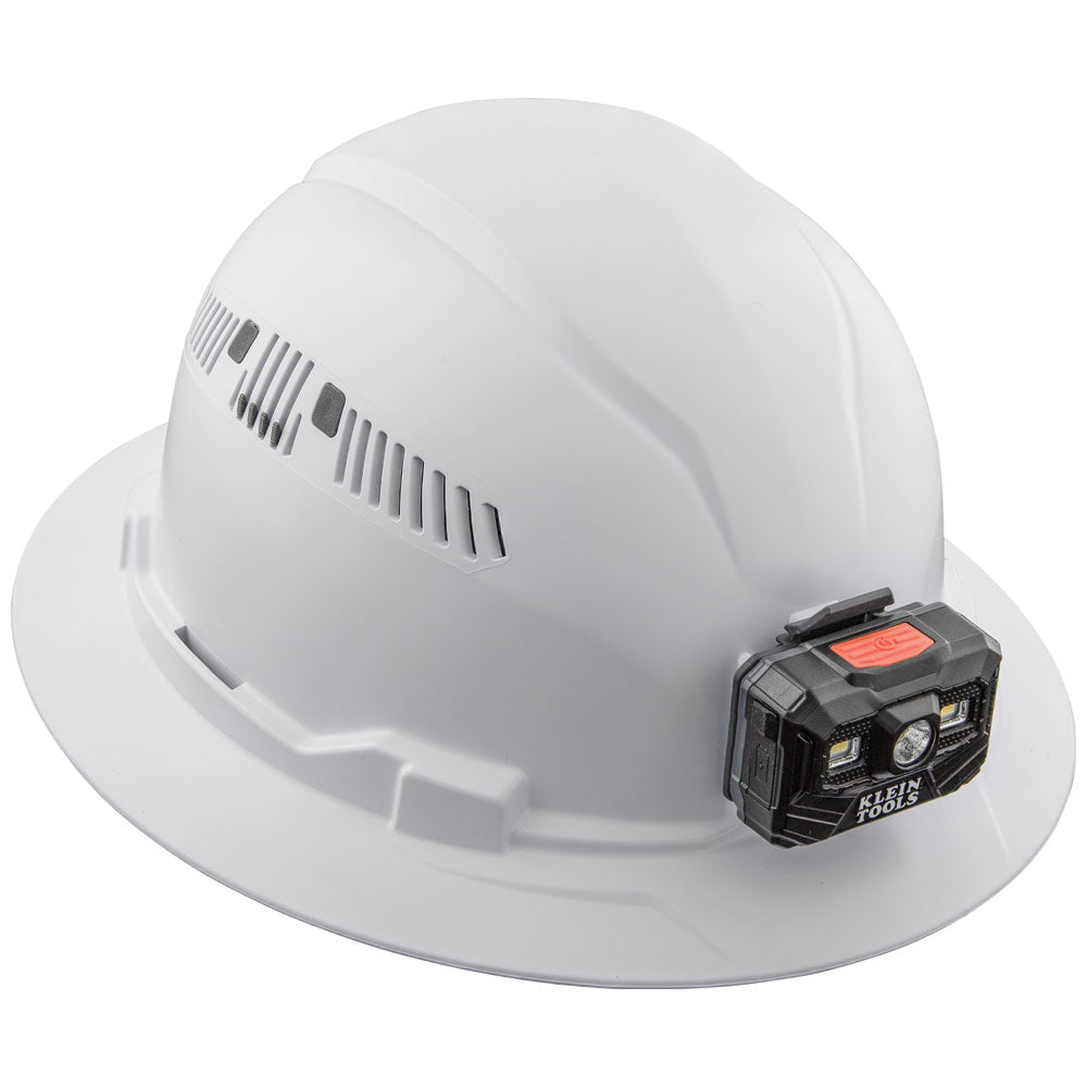 Klein Hard Hat, Vented, Full Brim with Rechargeable Headlamp, White